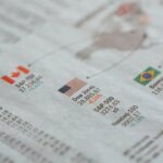 Detailed close-up of a newspaper displaying global financial market statistics and country flags.